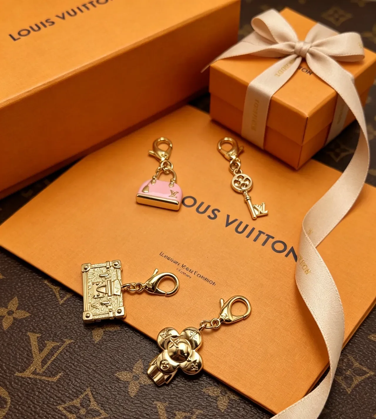 Bracelete Louis Vuitton Mini Alma LV Charm Rosa Dourado Acabamento em Esmalte Silhueta de Bolsa Miniatura 8