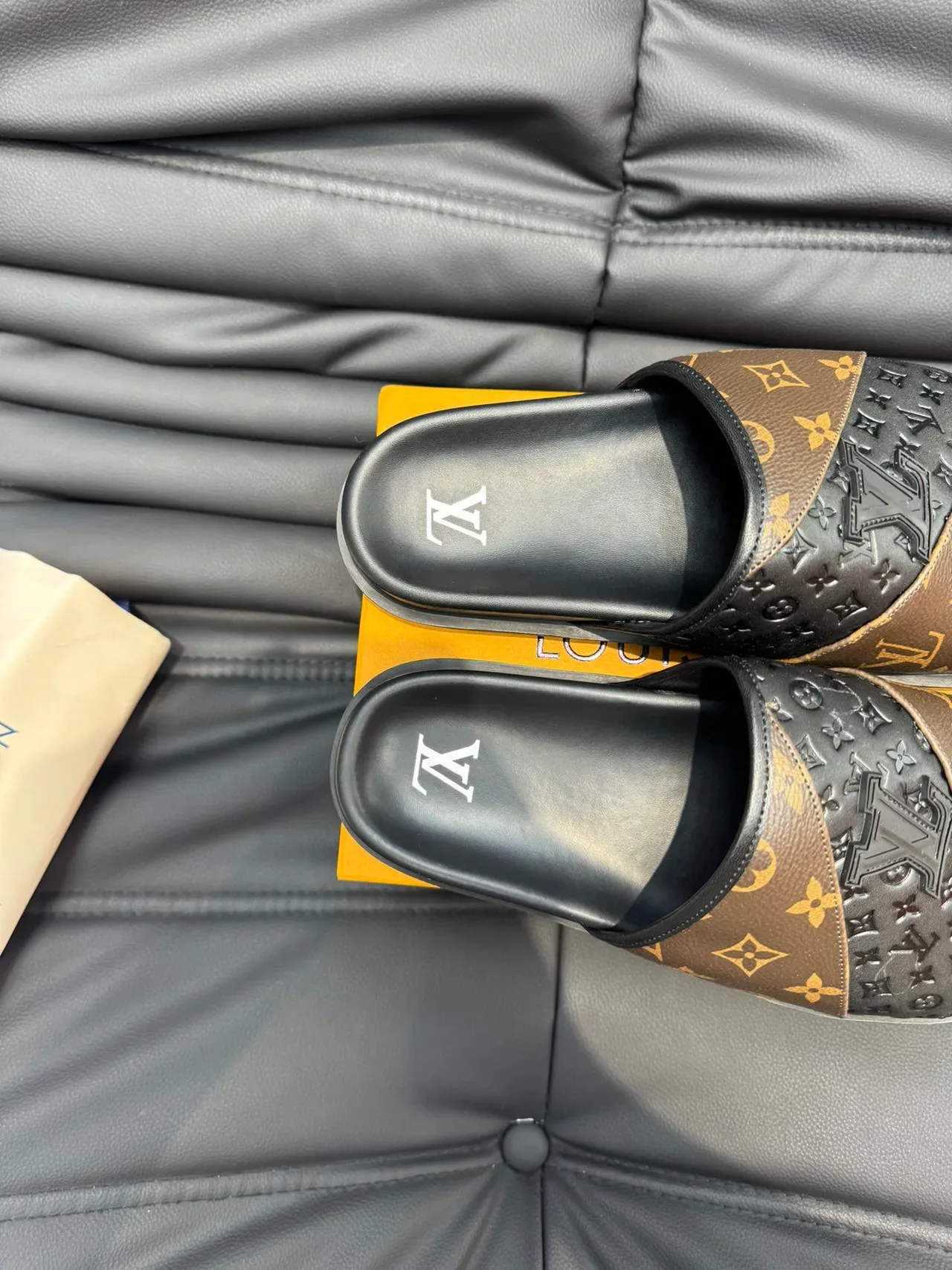 Louis Vuitton Monogram and Embossed Black Strap Slipper 5