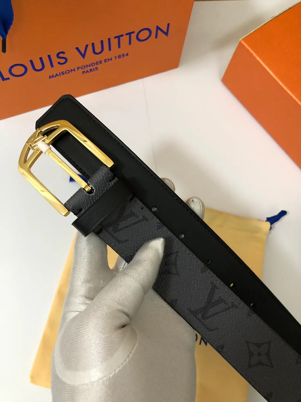 Louis Vuitton Monogram Belt Black Gold Buckle Leather Belt 5