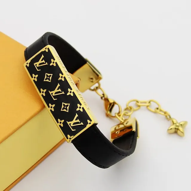 Louis Vuitton Monogram Bracelet Black Gold Enamel Plaque Hardware Bracelet 9