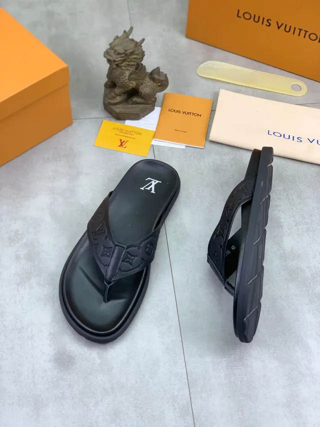 Louis Vuitton Monogram-Embossed Black Thong Slippers 5