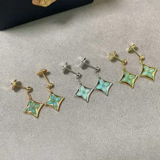 أقراط Louis Vuitton Monogram زهرة ذهبي أخضر إطار نجمي مينا نقشة