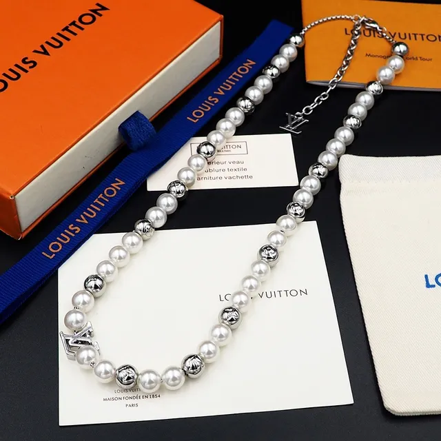Colar Louis Vuitton Monogram Pérola Colar Branco Prata Fio Contas Separadoras Metálicas Colar 5
