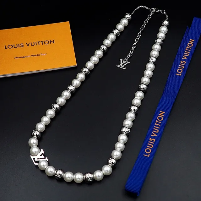 Colar Louis Vuitton Monogram Pérola Colar Branco Prata Fio Contas Separadoras Metálicas Colar 6