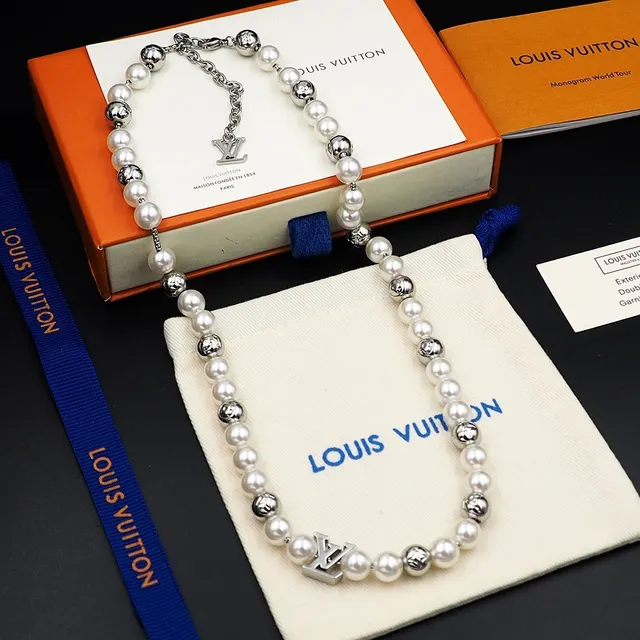 Colar Louis Vuitton Monogram Pérola Colar Branco Prata Fio Contas Separadoras Metálicas Colar 8