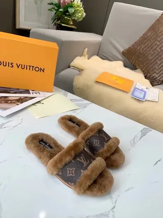 Louis Vuitton Monogram Shearling Double-Strap Slippers 9