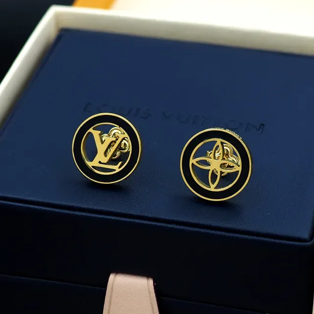 Louis Vuitton Monogram Stud Gold Black Circular Logo Earrings 8