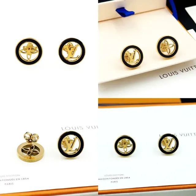 Louis Vuitton Monogram Stud Gold Black Circular Logo Earrings 12
