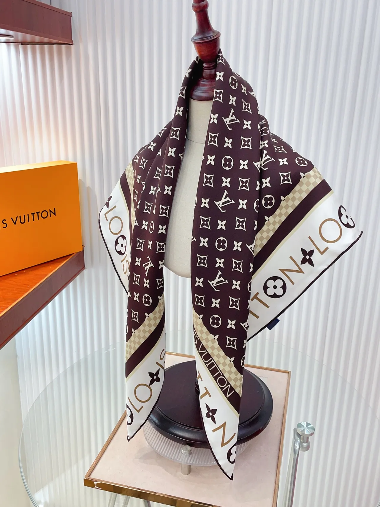 Louis Vuitton MY LV Luggage 90 Brown Beige Monogram Print Bordered Square Silk Scarf 2
