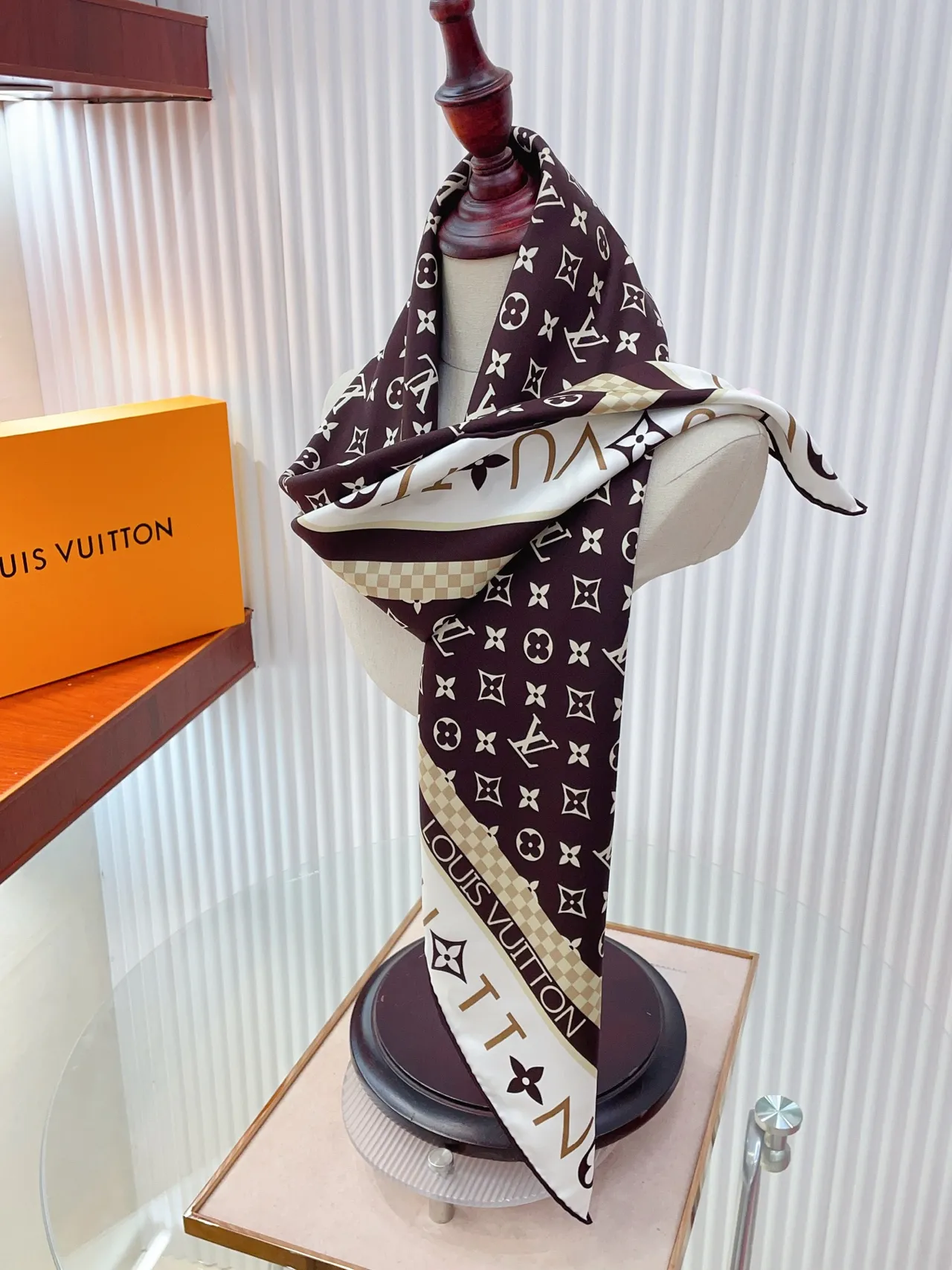 Louis Vuitton MY LV Luggage 90 Brown Beige Monogram Print Bordered Square Silk Scarf 3