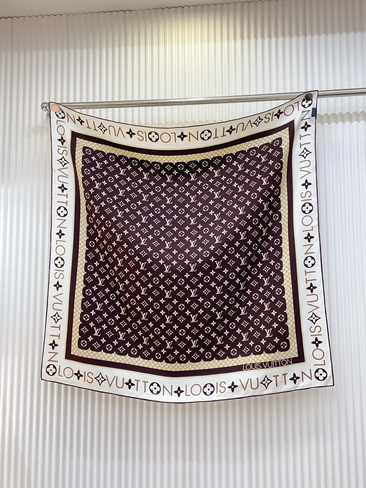 Louis Vuitton MY LV Luggage 90 Brown Beige Monogram Print Bordered Square Silk Scarf 4