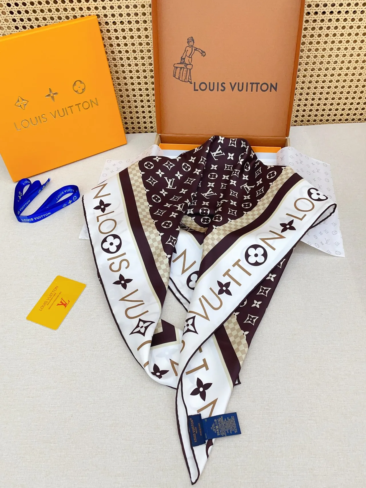 Louis Vuitton MY LV Luggage 90 Brown Beige Monogram Print Bordered Square Silk Scarf 5