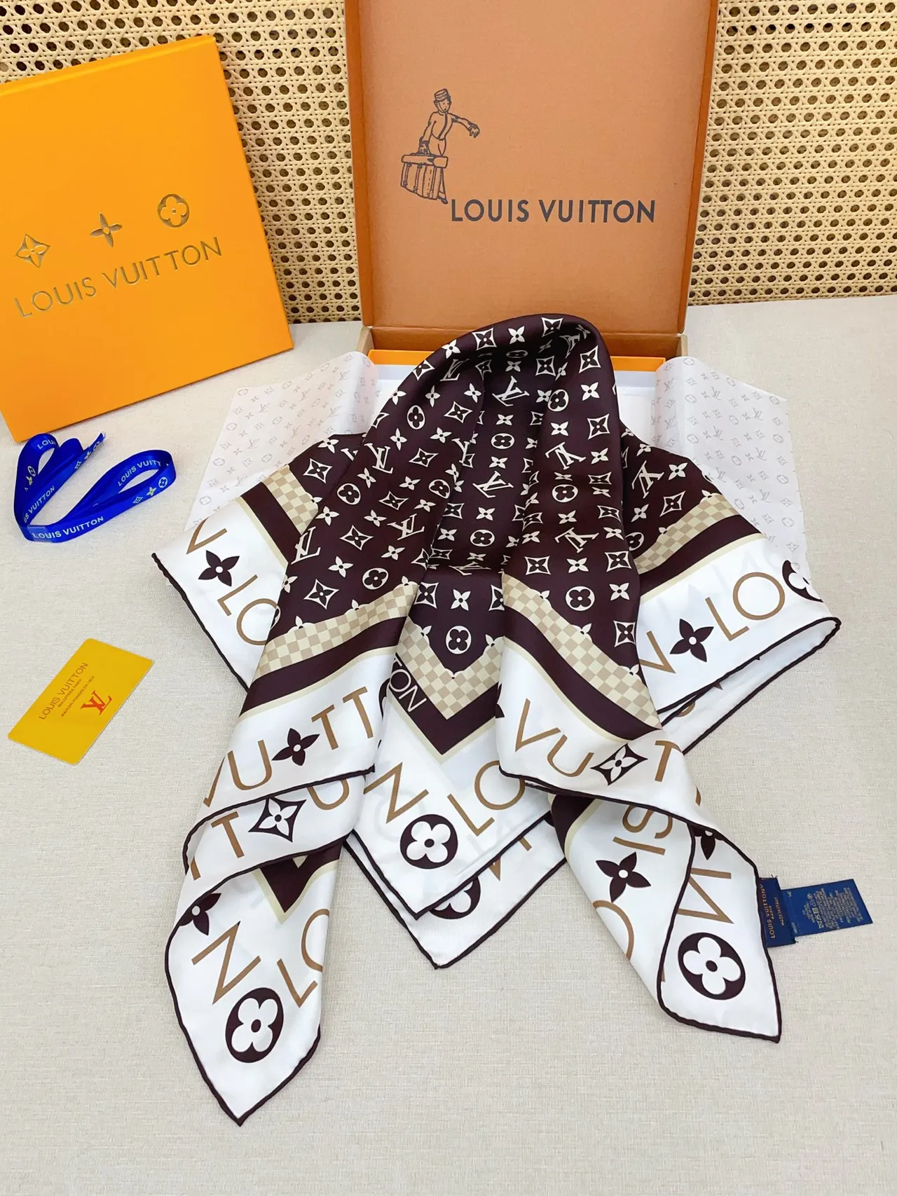 Louis Vuitton MY LV Luggage 90 Brown Beige Monogram Print Bordered Square Silk Scarf 6