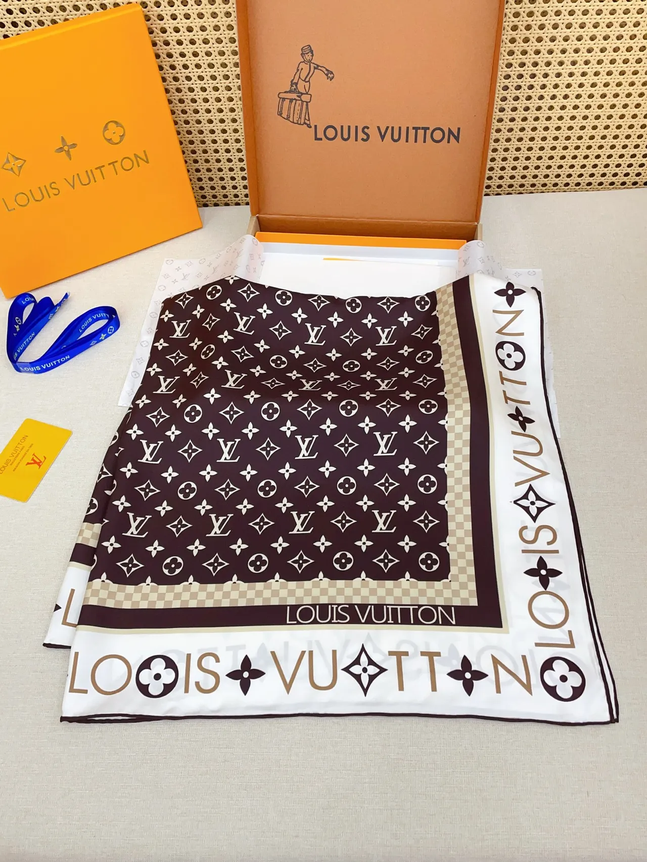 Louis Vuitton MY LV Luggage 90 Brown Beige Monogram Print Bordered Square Silk Scarf 8