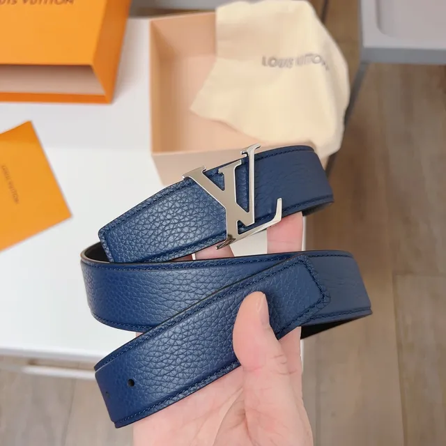 Louis Vuitton Navy Black Grained Taurillon Silver-Tone LV Twist Buckle Leather Belt 2