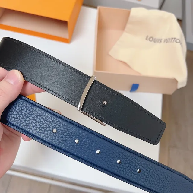 Louis Vuitton Navy Black Grained Taurillon Silver-Tone LV Twist Buckle Leather Belt 3