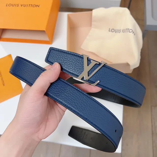 Louis Vuitton Navy Black Grained Taurillon Silver-Tone LV Twist Buckle Leather Belt 4