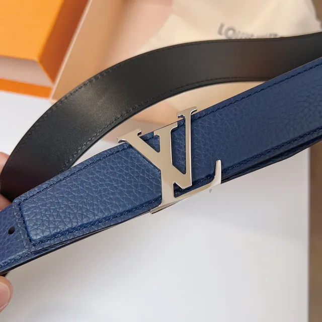 Louis Vuitton Navy Black Grained Taurillon Silver-Tone LV Twist Buckle Leather Belt 7