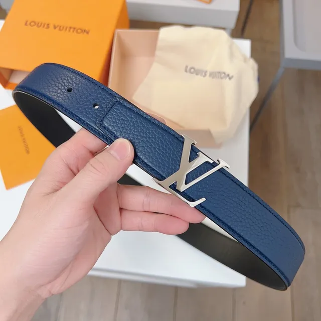 Louis Vuitton Navy Black Grained Taurillon Silver-Tone LV Twist Buckle Leather Belt 8