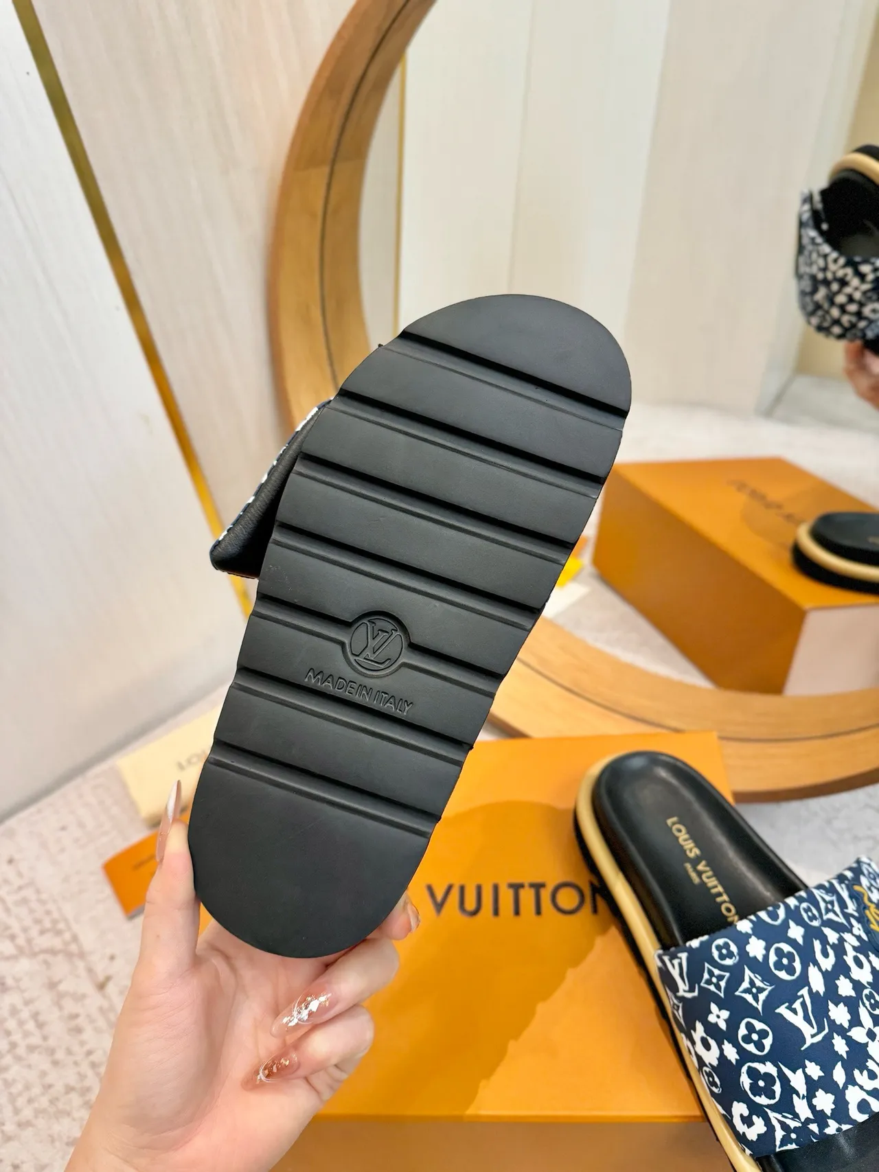 Louis Vuitton Printed Strap Logo Patch Platform Slippers 10
