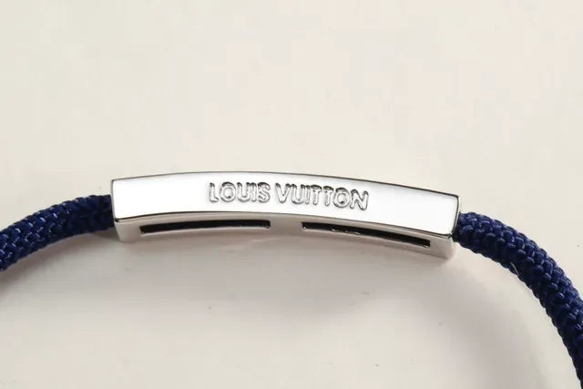 Louis Vuitton Red Blue Braided Nylon Cord Rectangular Monogrammed Metal Plate Bracelet 3