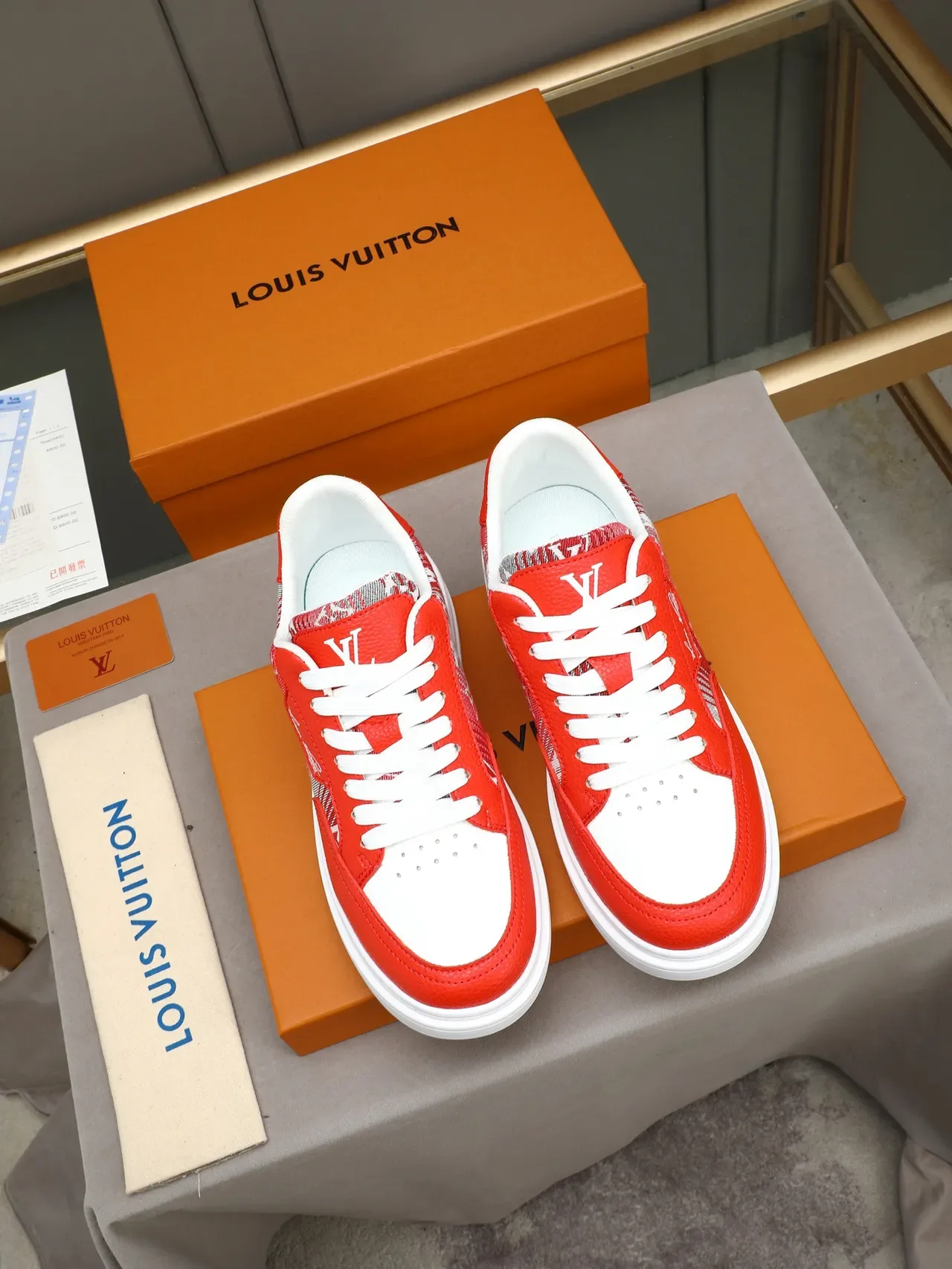 Louis Vuitton Red White Low-Top Monogrammed Textile Lifestyle Sneakers 2