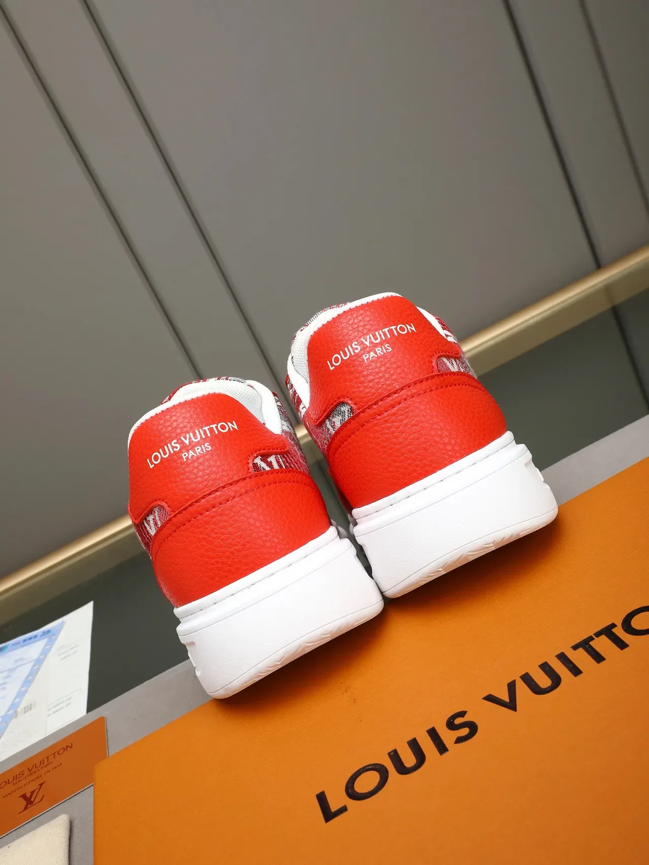 Louis Vuitton Red White Low-Top Monogrammed Textile Lifestyle Sneakers 3
