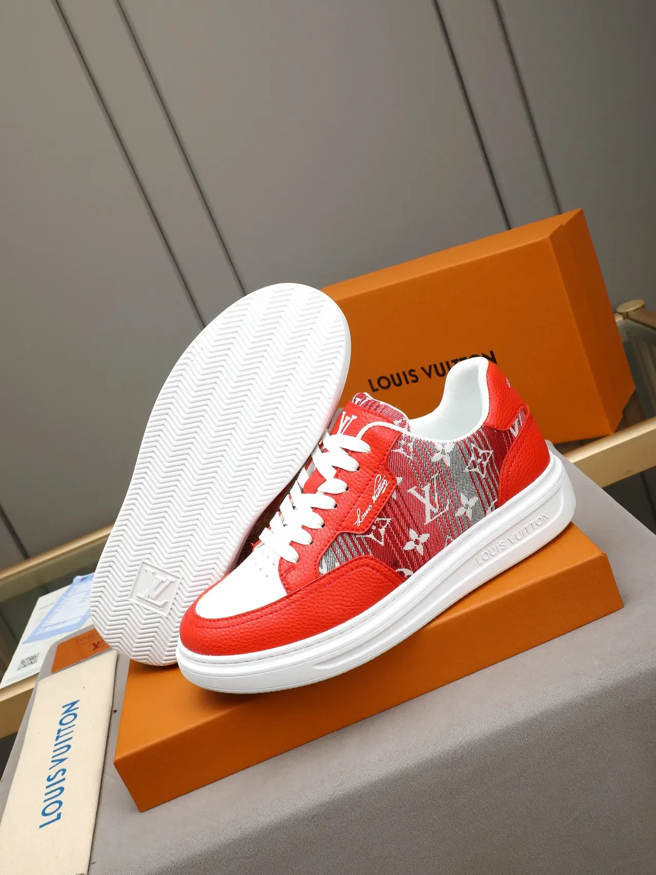 Louis Vuitton Red White Low-Top Monogrammed Textile Lifestyle Sneakers 4