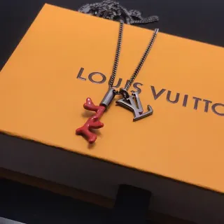 Louis Vuitton Colar Corrente Curb Prata Vermelho Esmaltado Coral