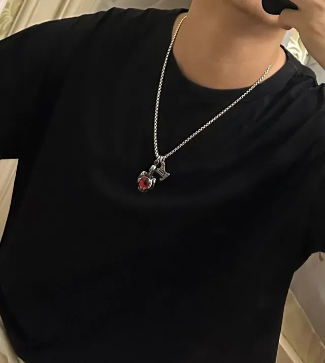 Louis Vuitton Silver Red Curb Chain Integrated LV Monogram Necklace 4