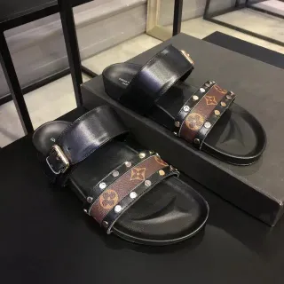 Louis Vuitton Slide काले भूरे डबल स्ट्रैप मोनोग्राम कैनवास बैंड कैजुअल सैंडल्स