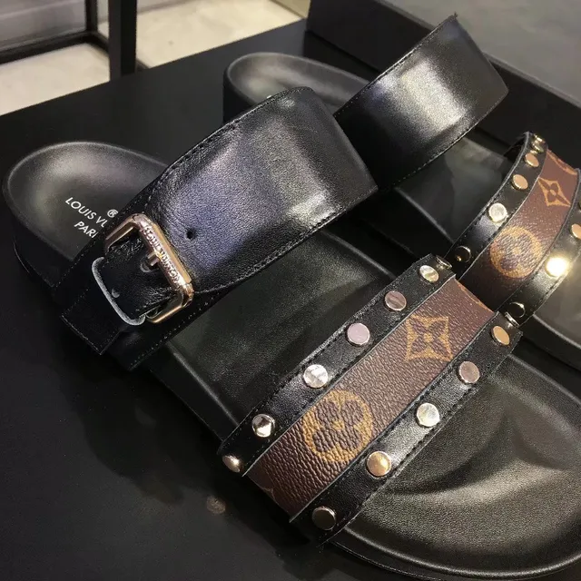 Louis Vuitton Slide Black Brown Double-Strap Monogram Canvas Band Casual Sandals 2