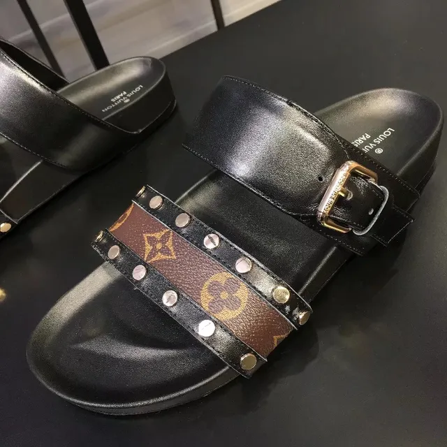 Louis Vuitton Slide Black Brown Double-Strap Monogram Canvas Band Casual Sandals 3
