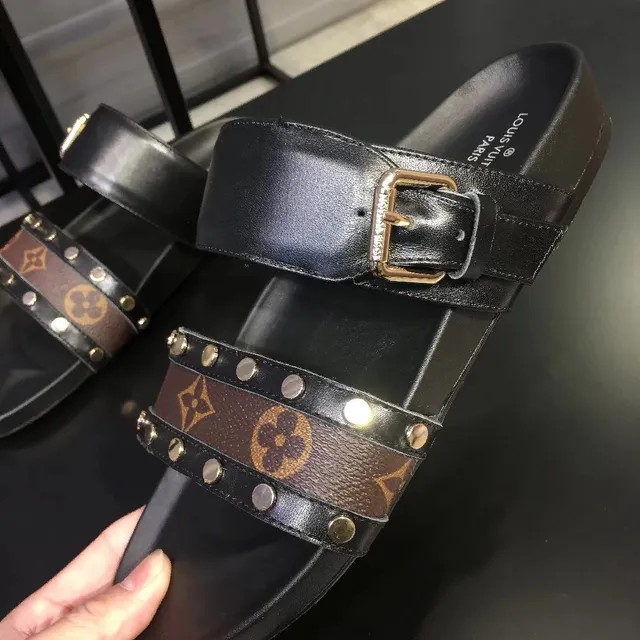 Louis Vuitton Slide Black Brown Double-Strap Monogram Canvas Band Casual Sandals 4