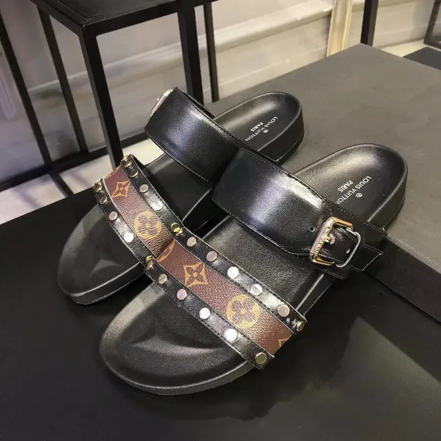 Louis Vuitton Slide Black Brown Double-Strap Monogram Canvas Band Casual Sandals 5