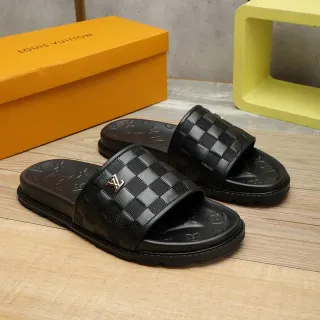 Louis Vuitton Slide أسود حزام منسوج كعب مونوغرام نعال