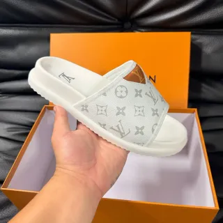 Louis Vuitton Slide Blanco Gris Correa Monogram-Print Suela de Goma Moldada Chanclas