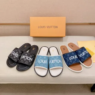 Louis Vuitton Slides Negro Blanco Marca Correa Impresión Monograma Zapatillas