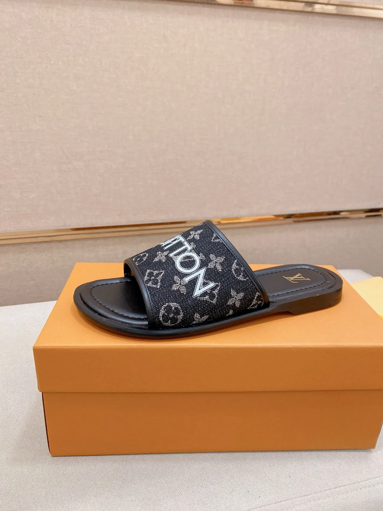 Louis Vuitton Slides Black White Branded Strap Monogram Print Slippers 9
