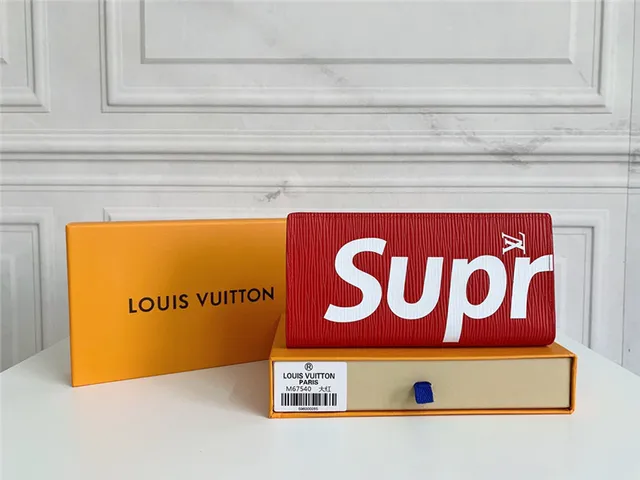 Louis Vuitton Supreme Collaboration लाल सफेद Epi चमड़ा बनावट बोल्ड Logotype लंबा बटुआ 1