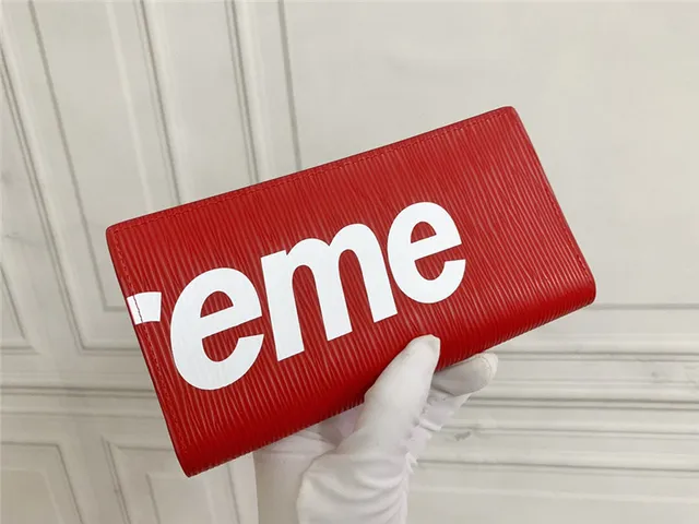 Louis Vuitton Supreme Collaboration लाल सफेद Epi चमड़ा बनावट बोल्ड Logotype लंबा बटुआ 16