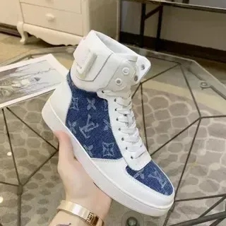 路易威登高帮白色和蓝色印花牛仔布生活方式运动鞋