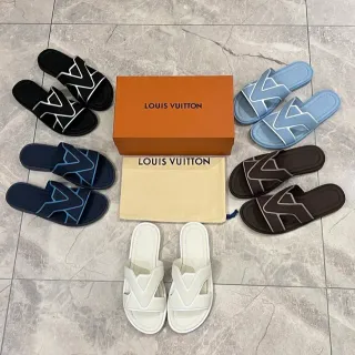 Louis Vuitton V-Strap Slide أسود أبيض كعب مسطح متشابك