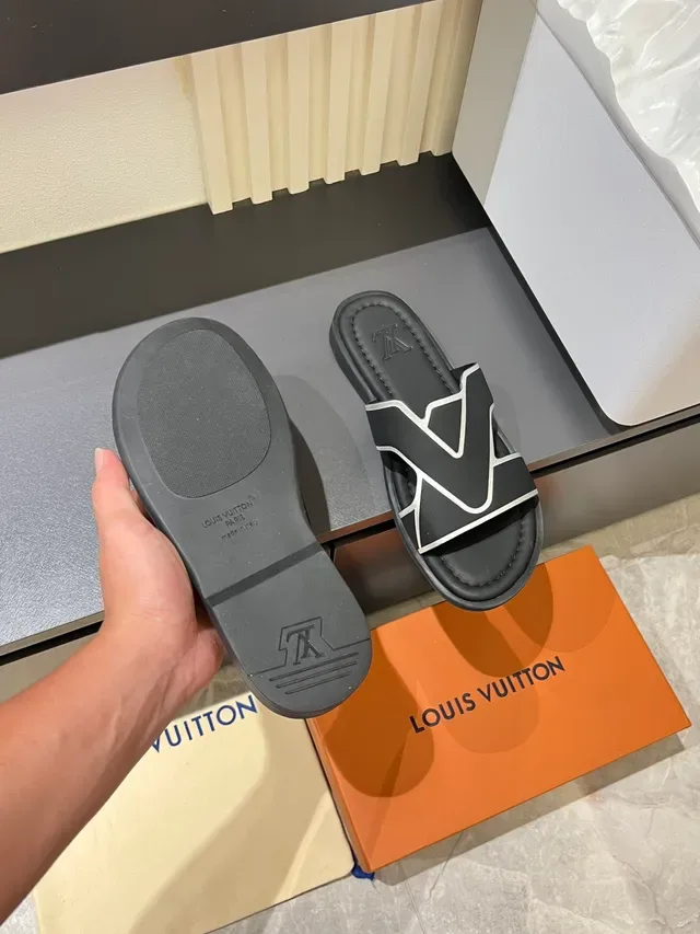 Louis Vuitton V-Strap Slide Black White Interlocking Flat Sole Slippers 2