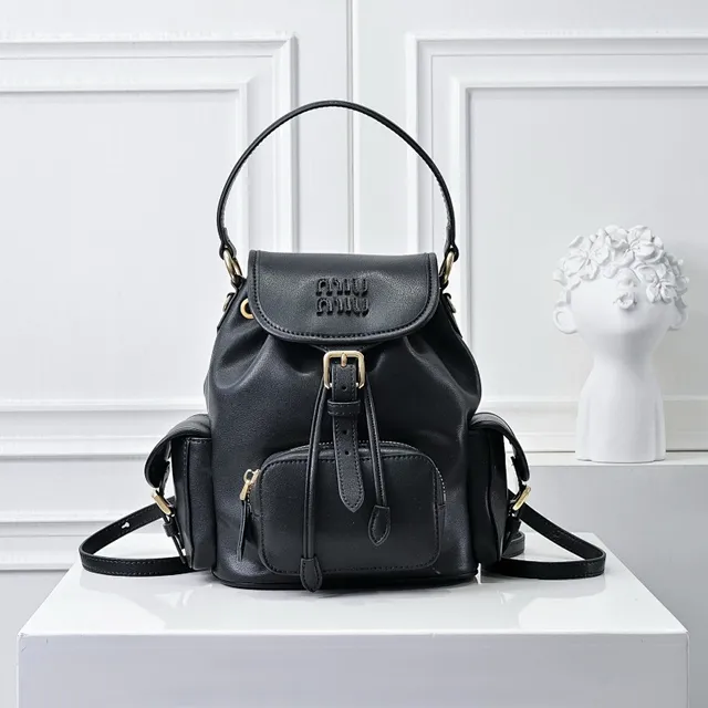 Miu Miu Black Gold Structured Leather Drawstring Cinch Closure Mini Backpack 2