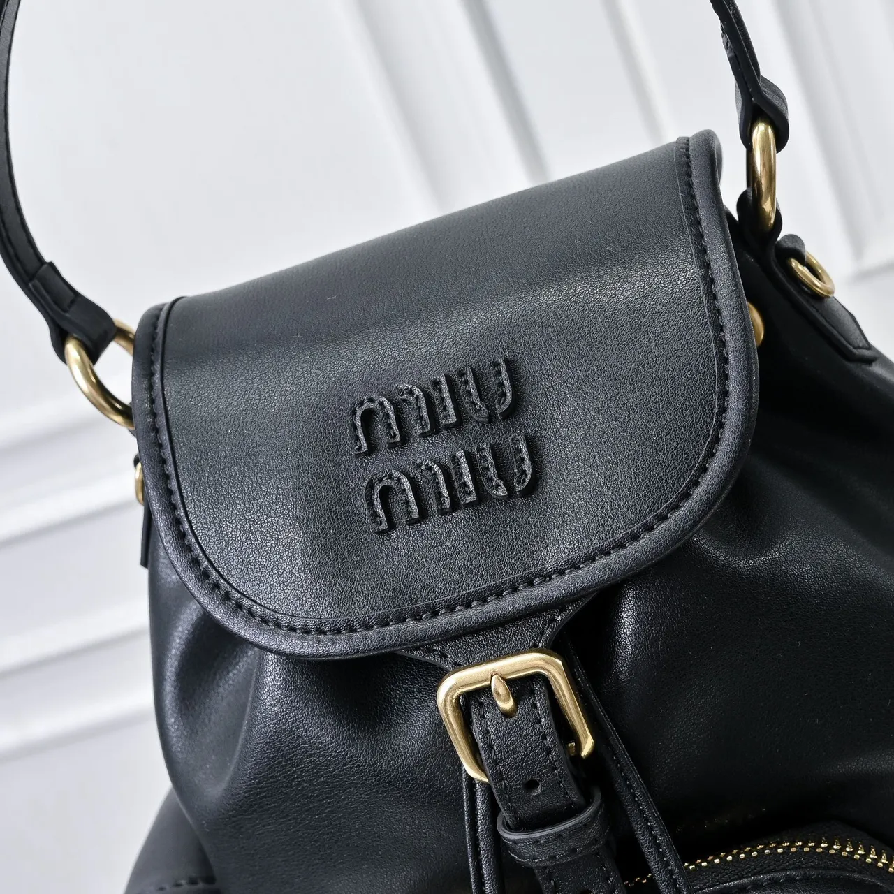 Miu Miu Black Gold Structured Leather Drawstring Cinch Closure Mini Backpack 5