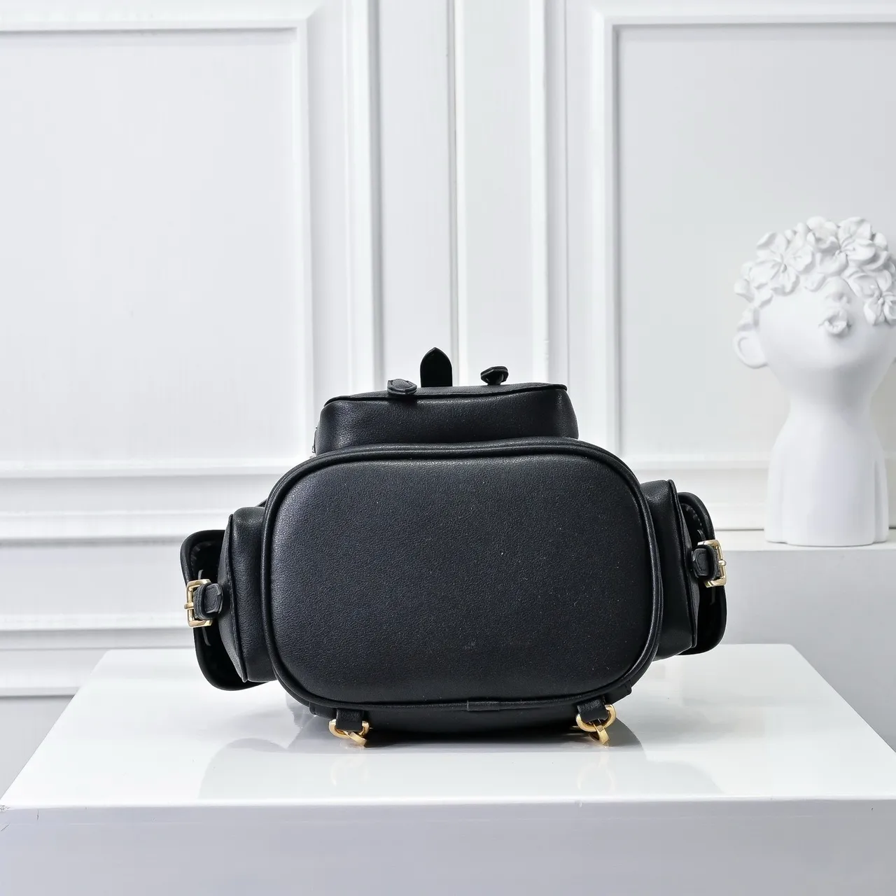 Miu Miu Black Gold Structured Leather Drawstring Cinch Closure Mini Backpack 6
