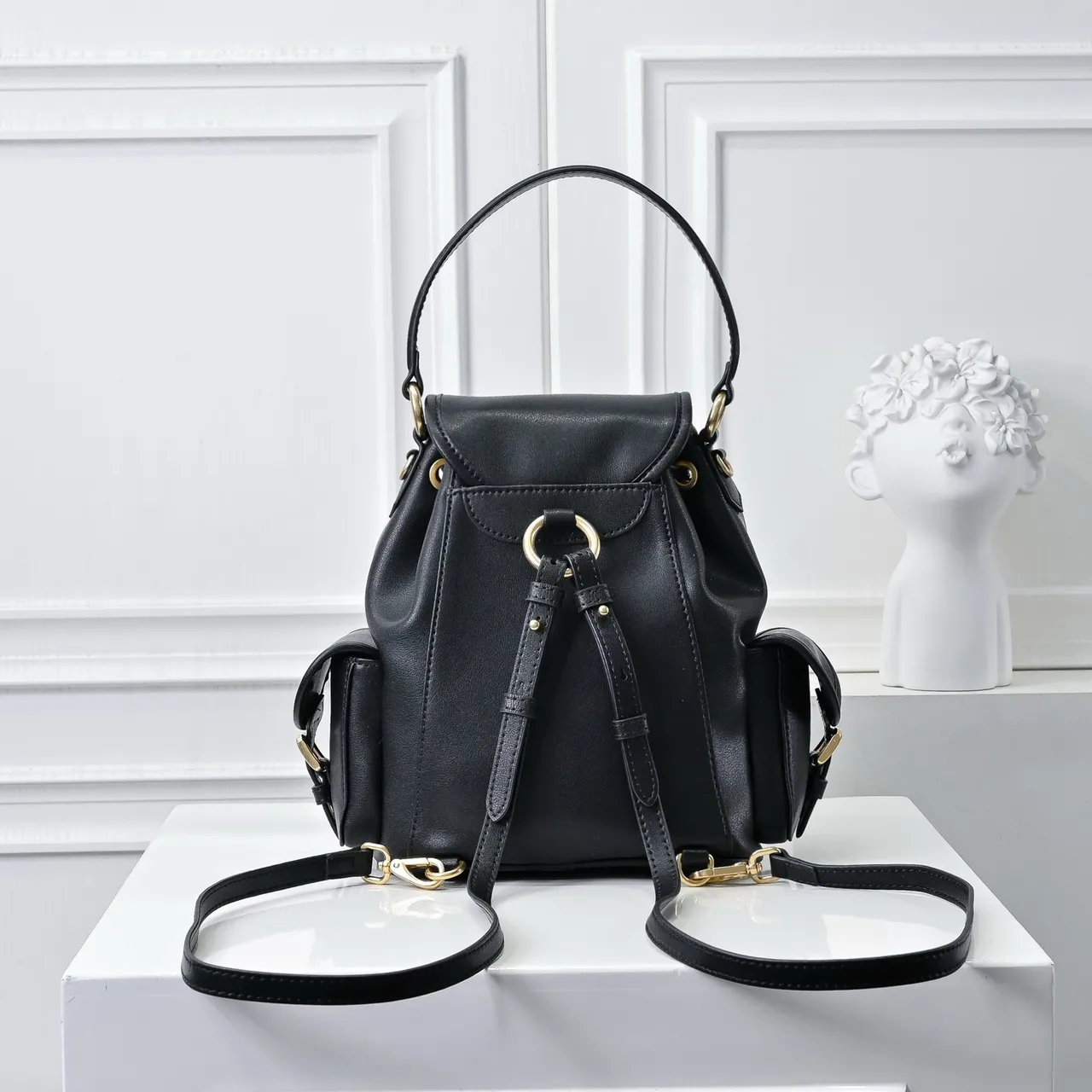 Miu Miu Black Gold Structured Leather Drawstring Cinch Closure Mini Backpack 7