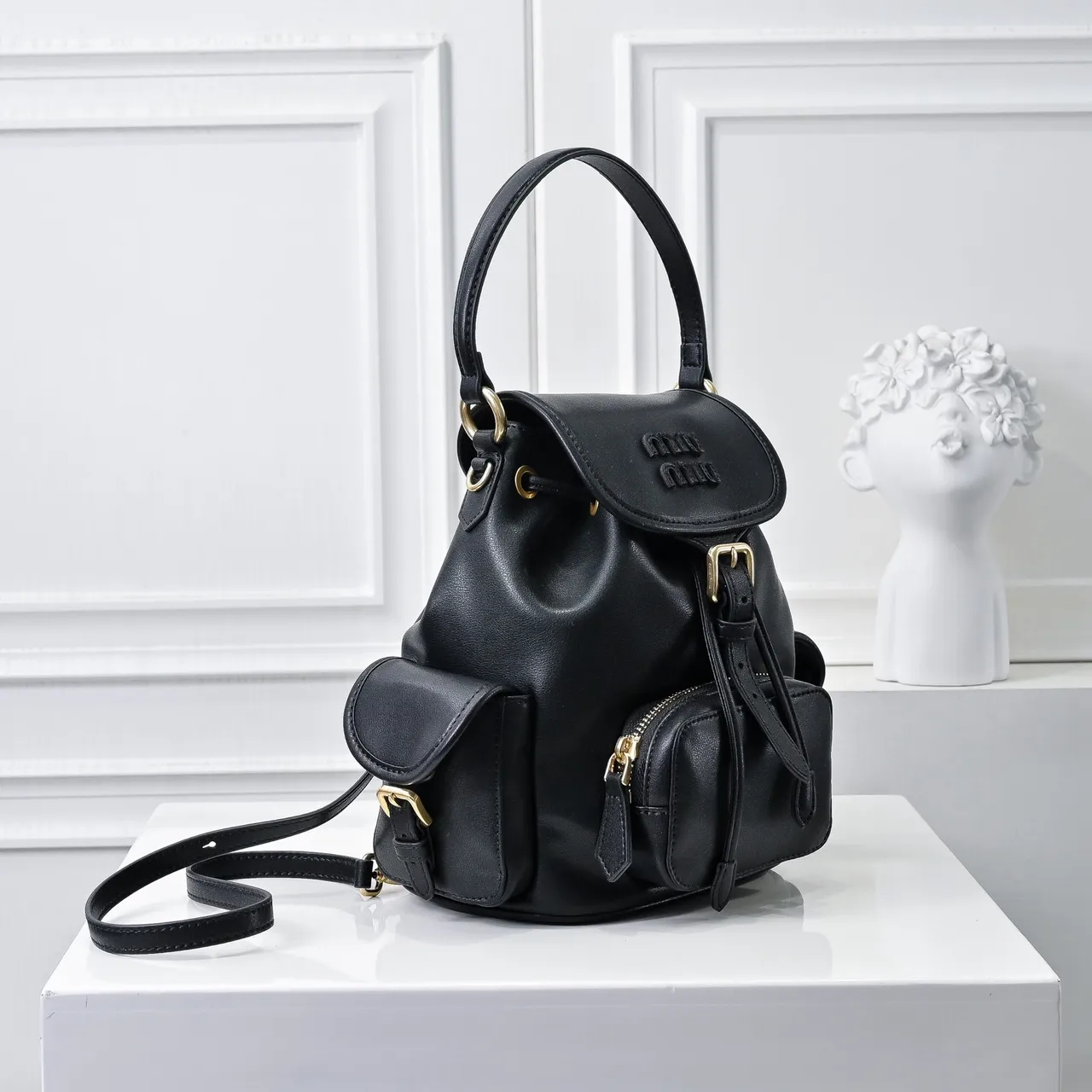 Miu Miu Black Gold Structured Leather Drawstring Cinch Closure Mini Backpack 8