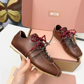 Miu Miu Brown Red Leather Upper Dual-Tone Laces Sneakers